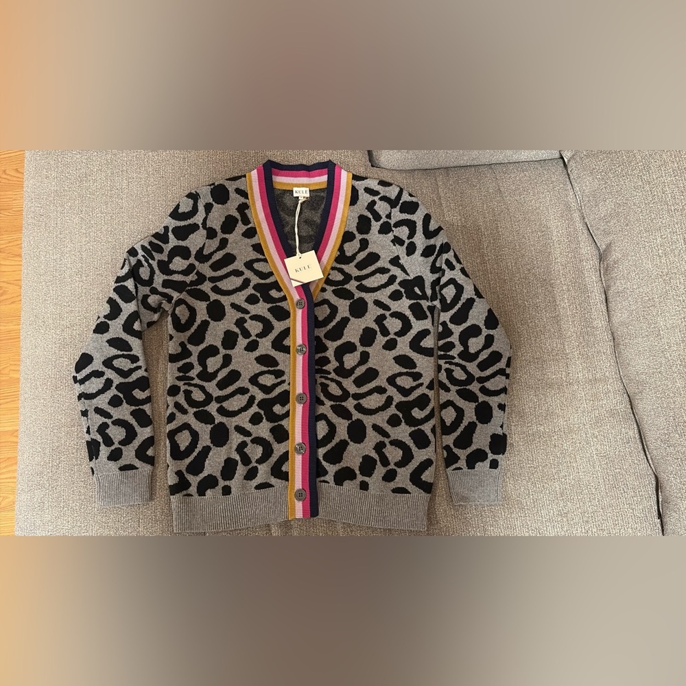 KULE Gray Leopard Cardigan with Multicolor Trim